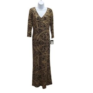 Marina Black Gold Paisley Print V Neck Stretch USA Maxi Dress Women's Size 4 NWT